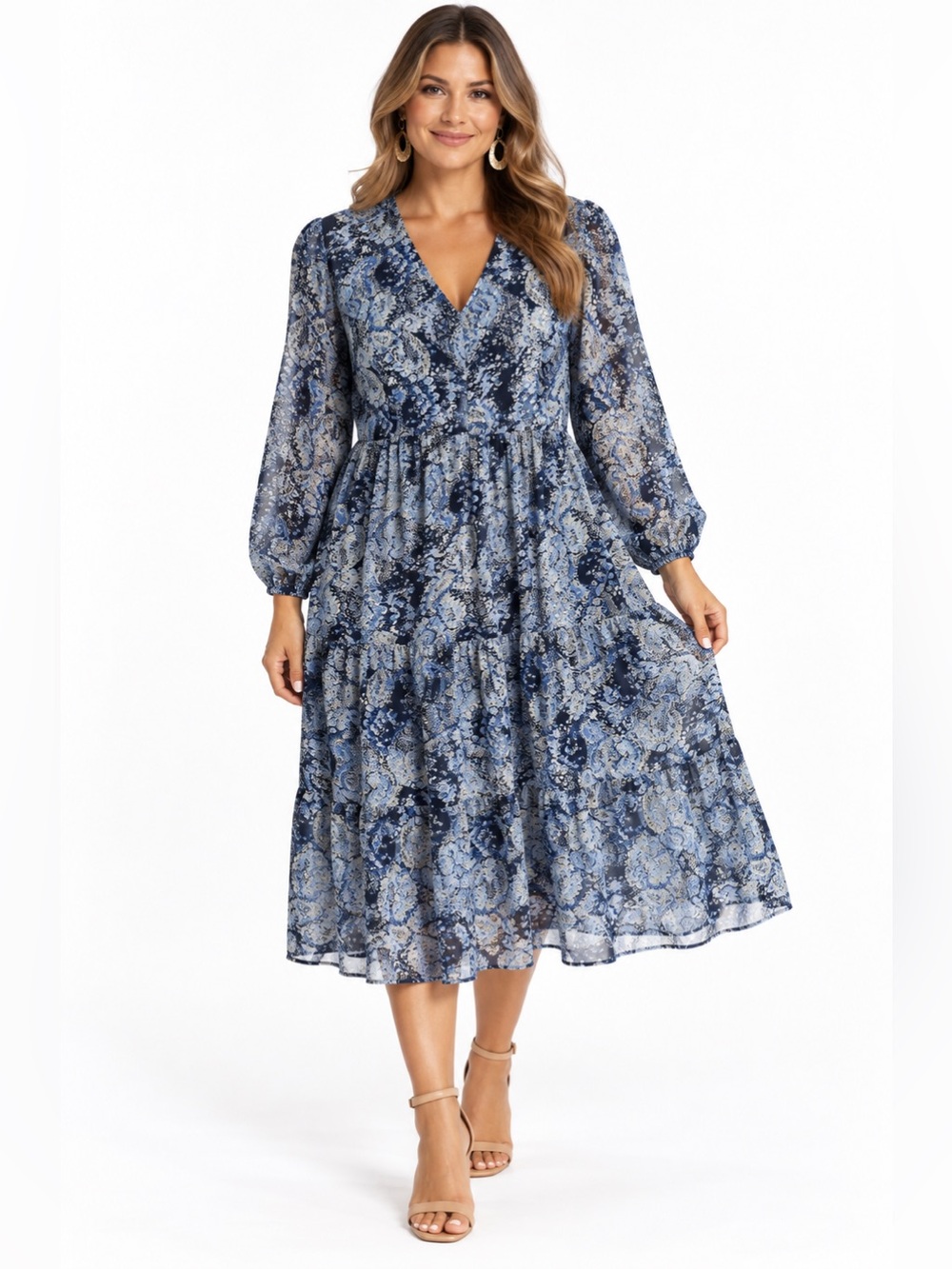Blue Patterned V-Neck Midi Dress
